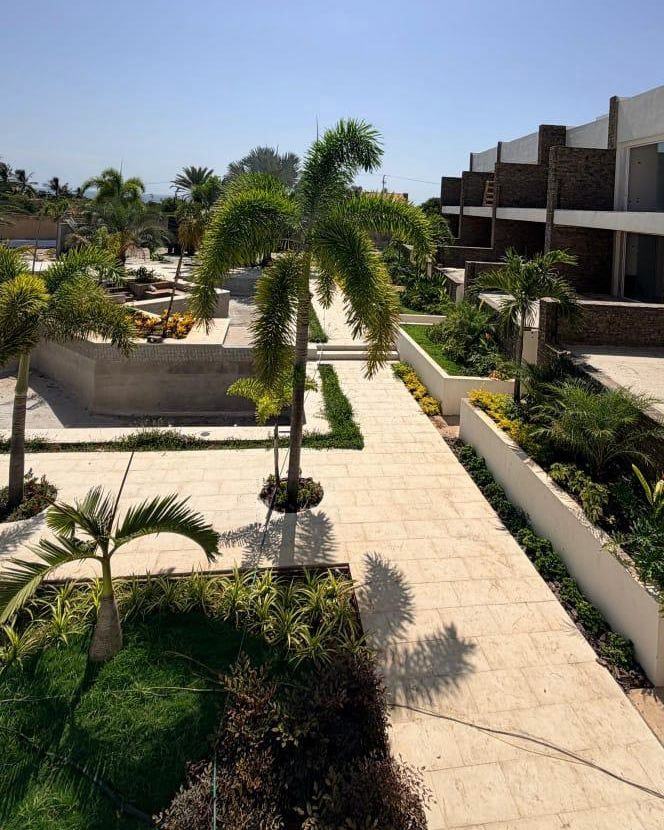 Paseo central de Los Geckos entre palmas y jardineras, con una hilera de módulos a la derecha. Los Geckos · foto de obra.