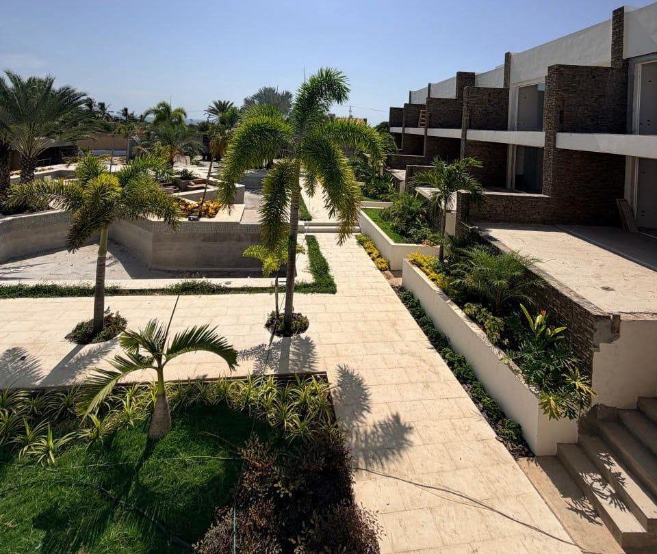 Paseo central de Los Geckos con palmas, jardineras y un módulo de piedra a la derecha. Foto de obra.