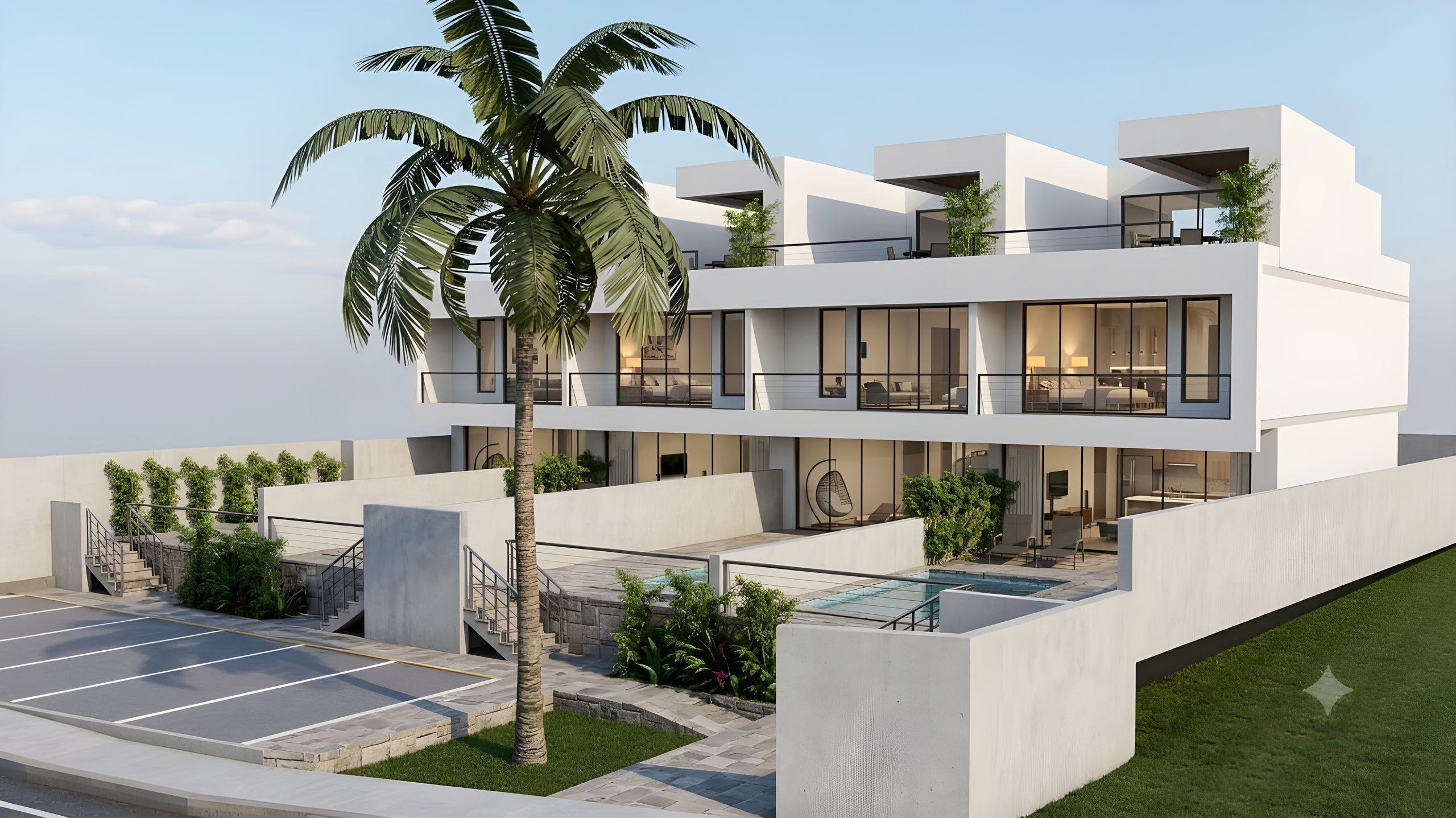 Geckos Villa desde la calle: palmera, estacionamiento al frente y townhouses blancas con terraza en la azotea. Render referencial.