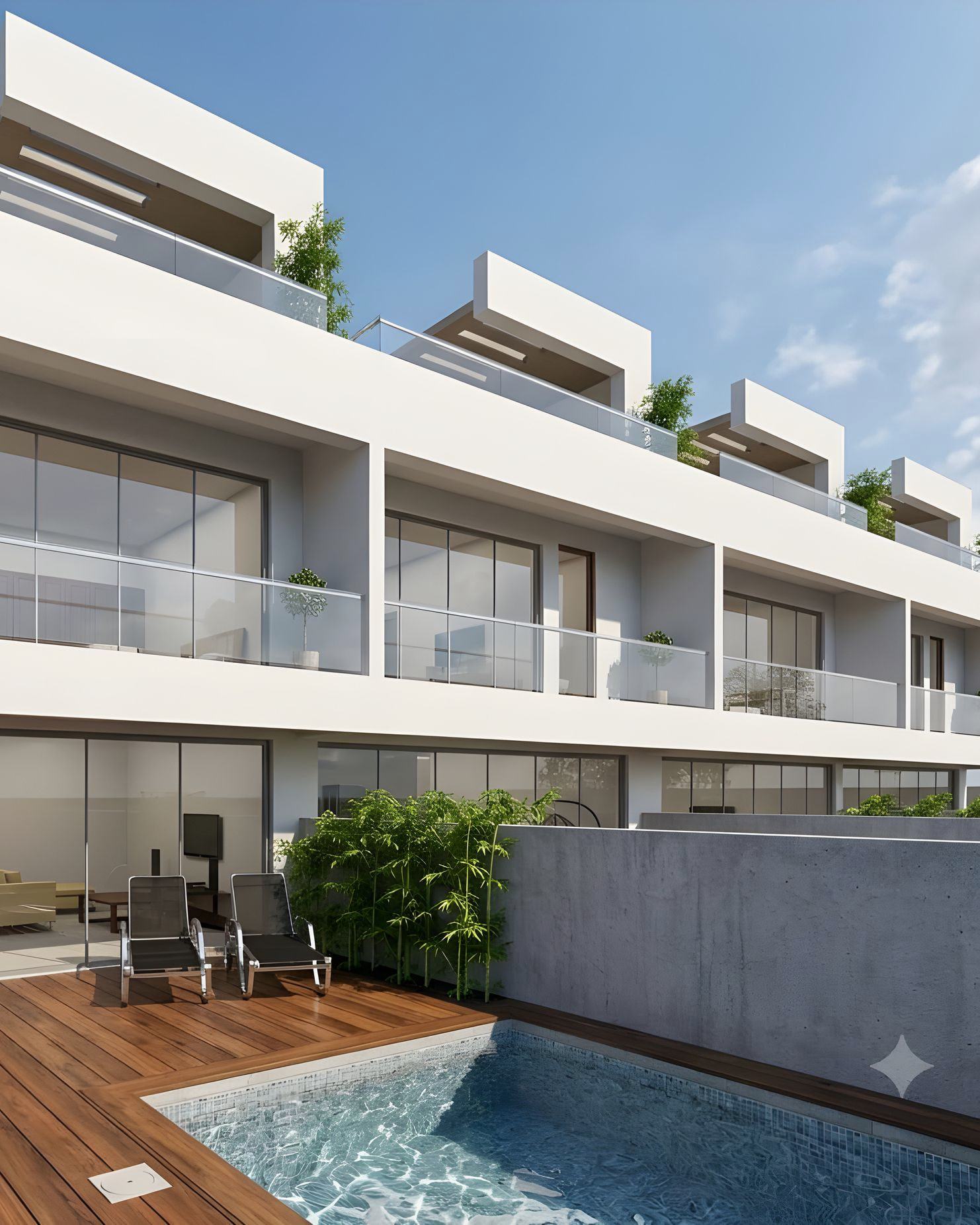 Patio de una townhouse de Geckos Villa con deck de madera, tumbonas y piscina, y balcones de vidrio arriba. Render referencial.
