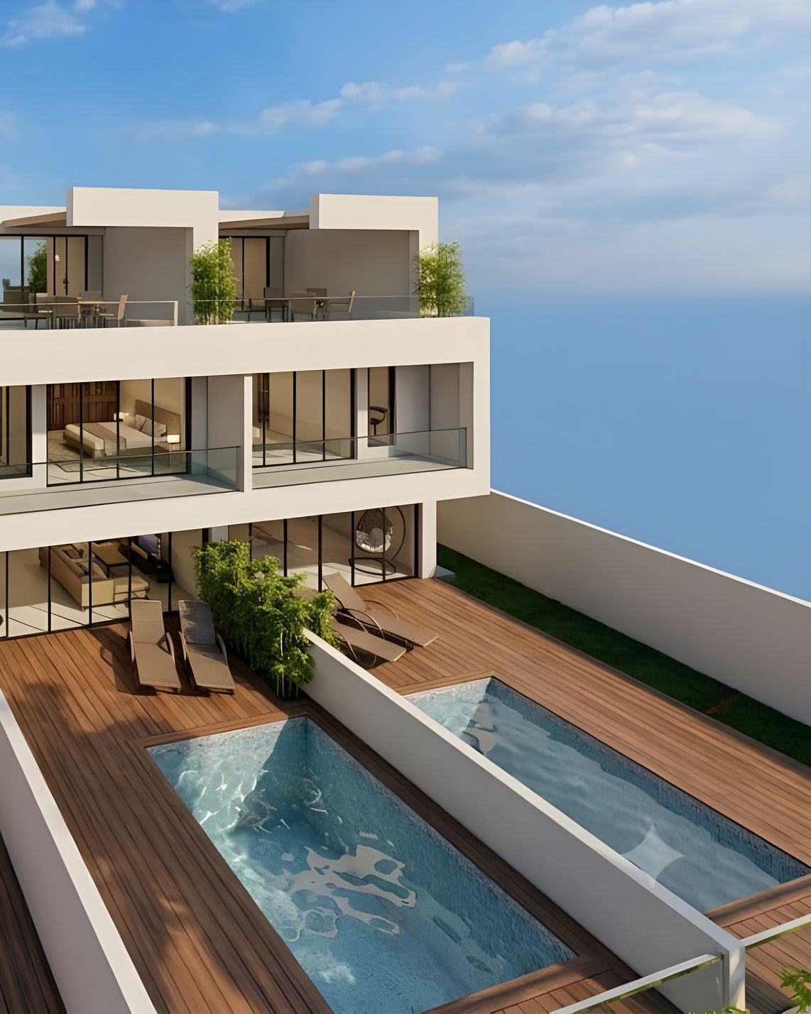 Geckos Villa vista desde lo alto: decks de madera, piscinas separadas por muros y terrazas en la azotea. Geckos Villa · render referencial.